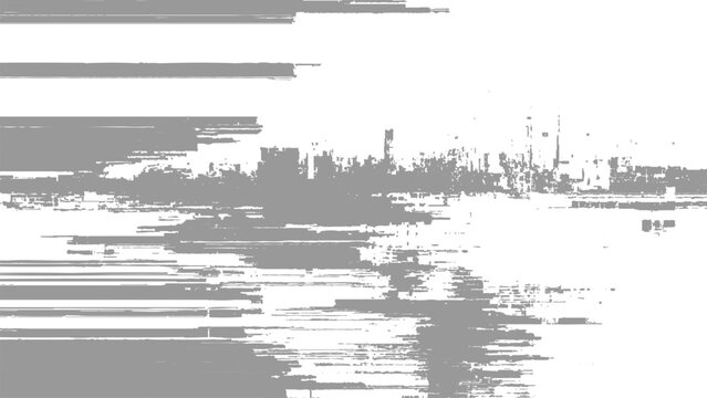 Glitchy digital distortion effect with horizontal lines and pixelation on white background