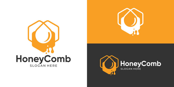 Creative simple honey comb logo template. Honeycomb with honey drops symbol logo design vector illustration.