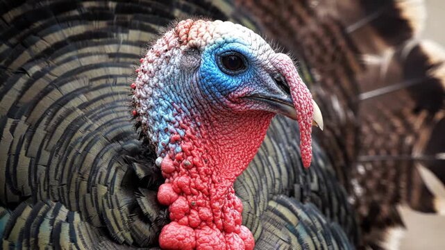 Vibrant Close Up of a Turkey's Head with Blue and Red Skin and Brown Feathers