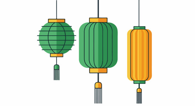 Three hanging decorative lanterns, two green, one orange, with tassels