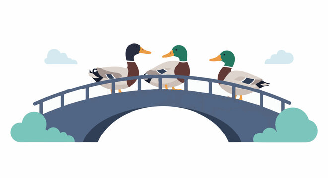 Three mallard ducks stroll across a blue arched bridge with clouds and foliage