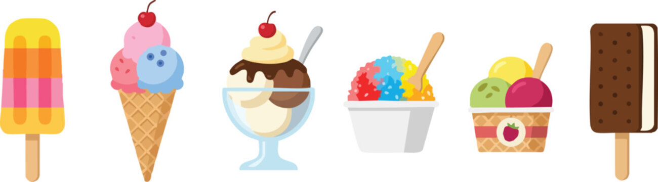 Colorful variety of ice cream cones popsicles and shaved ice sweet treats illustration