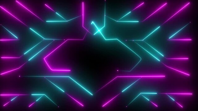 Abstract neon motherboard icon . 4k video animation . Circuit Board with neon line moving electrons Data Flow Loop Background Animation. Motion graphics of rectangle neon ..