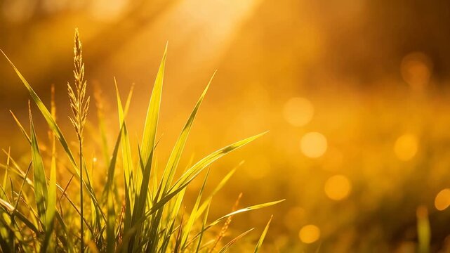 Sunlit grass blades in a field