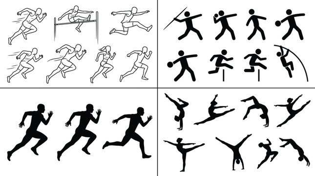 Athletic sports silhouettes set featuring running, hurdles, gymnastics, javelin throw, shot put, and pole vault athletes in action for competition, fitness.