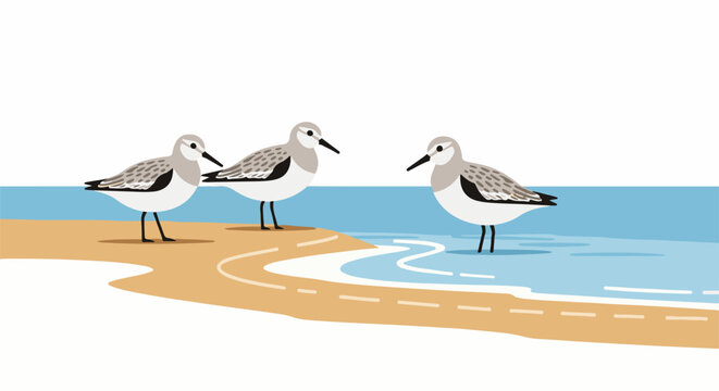 Three sandpipers stand on a sandy shore at the edge of calm blue water