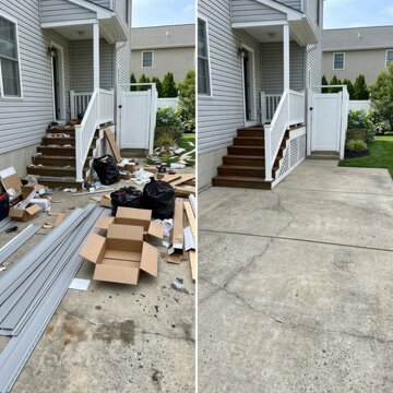 Residential property exterior before and after renovation, showing debris removal and clean driveway.
