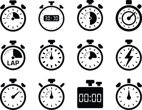 Chronometer and Stop Watch Black Glyph Icons Set Featuring Digital Timer, Lap Counter and Sports Timing Symbols
