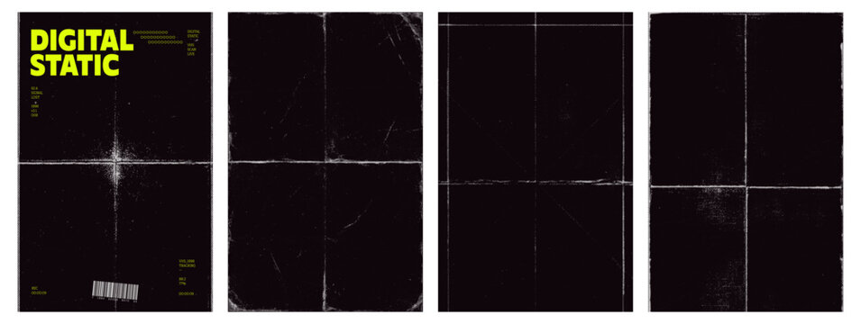 Grunge Halftone Paper Texture Set - Distressed Black VHS Backgrounds with Static Noise, Dot Pattern, Folds and Scratches for Poster, Album Cover and Zine Design