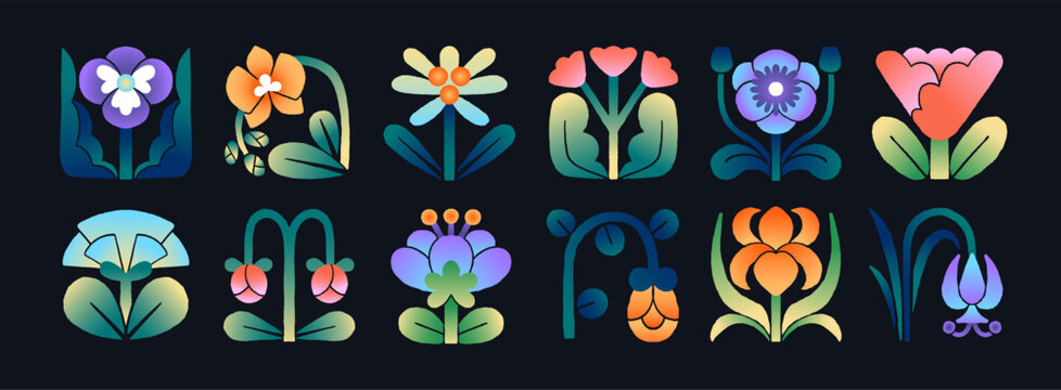 Set of abstract flowers with contour and gradient style. Wildflower with green leaves. Blooming meadow plants. Floral decoration, botanical decor. Blossom nature. Flat isolated vector illustrations