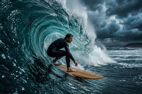 Riding the Ocean's Majesty: A surfer fearlessly carves through a colossal wave, embodying the raw power and exhilaration of the ocean.