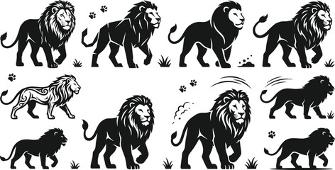 Black Lion Silhouette Collection with Wild Animal Poses Safari Wildlife Mascot and Jungle Predator Vector Illustration Set © Rashidul