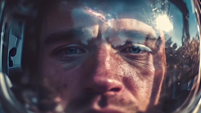Space universe exploration, fantasy, mysterious. A closeup of a mans face, captured through a transparent, reflective helmet. The helmets visor reflects the surrounding environment.