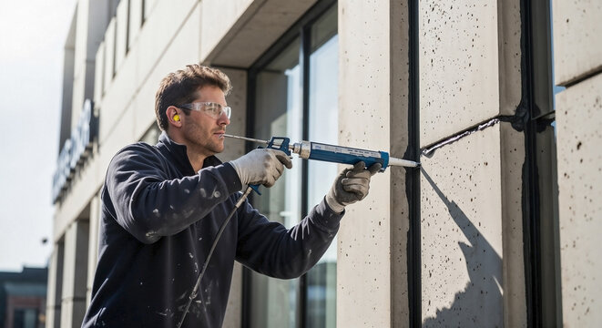 Professional worker performing facade sealing on modern building exterior with a caulk gun. Detailed facade sealing process involves precise application of sealant to joints for weather protection.