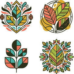 Fototapeta premium Set of decorative botanical leaf icons featuring colorful geometric patterns and elegant flat vector nature designs.