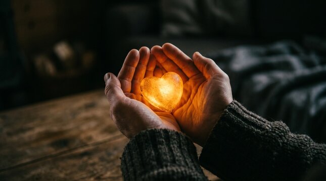 Close-Up of Human Hands Gently Holding a Small Glowing Heart in a Dark Room with Soft Warm Lighting for Love, Hope, and Compassion Concept