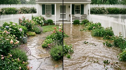 Fototapeta premium Garden Flooded After Heavy Rain Versus Beautiful Maintained Landscape.