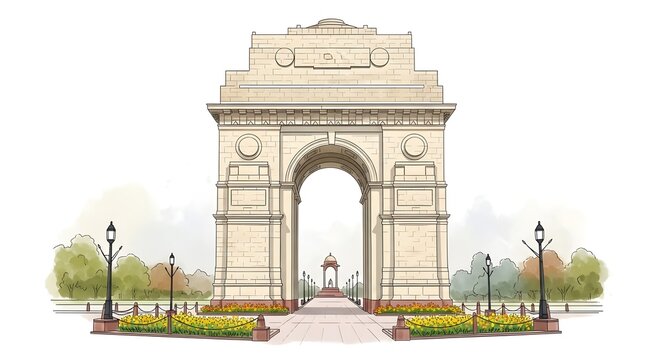 Watercolor illustration of the india gate monument in new delhi, india, featuring a scenic park setting with street lamps and lush greenery