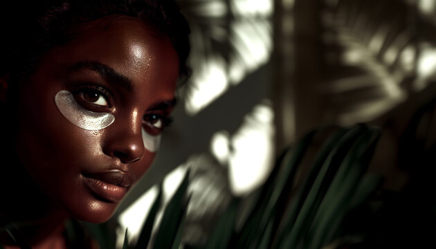 Skincare commercial advertisement. Pretty natural glowing dark black woman with hydrogel under eye patches on face for lotion skincare spa facial ad on dark leaves shadow background. copy text space