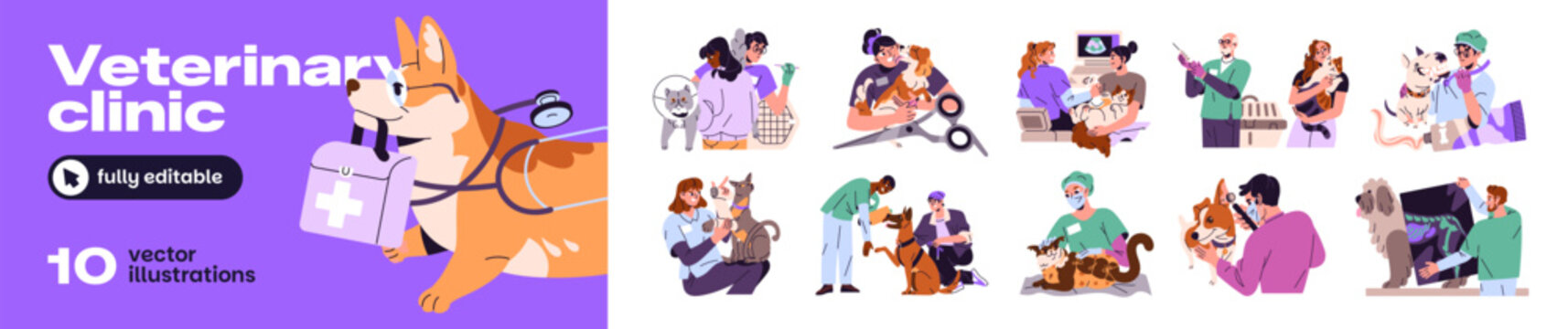 Vet clinic set. Veterinary services- checkup of health, grooming, vaccination, X ray. Veterinarians care about dogs and cats. Doctors help pets in hospital. Flat isolated vector illustrations on white