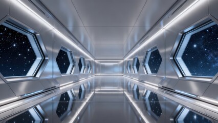 Fototapeta premium Futuristic spaceship corridor with star views