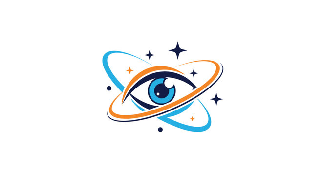 Stylized eye logo with an orbital ring and stars representing vision, outer space exploration, and futuristic surveillance tech.