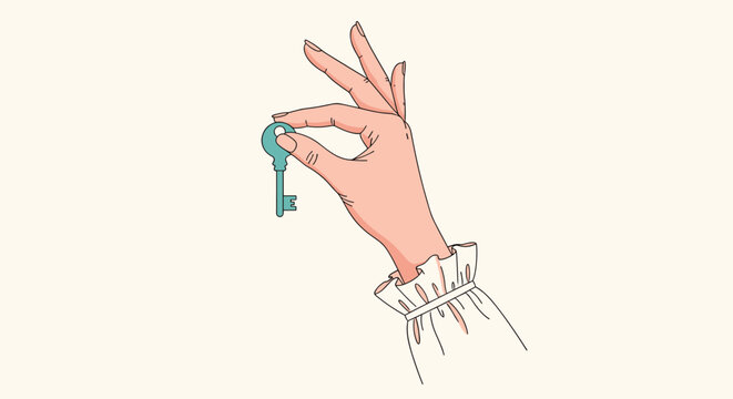 Elegant hand holding a small turquoise skeleton key between fingers, showcasing a delicate and sophisticated illustration style.