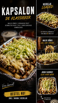 Vertical Dutch kapsalon takeaway food advertisement with dark styling