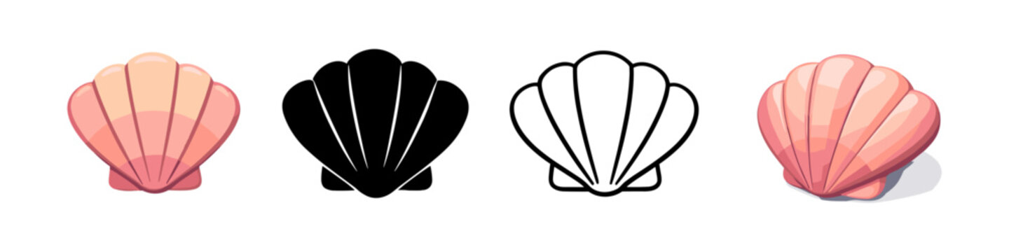 Collection of four stylized scallop shells in different artistic representations