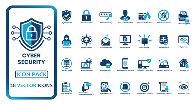 Cyber security solid icon set. Featuring data encryption, firewall protection, phishing attack, ransomware, and cloud security. Vector glyph icons for IT privacy and digital network protection.