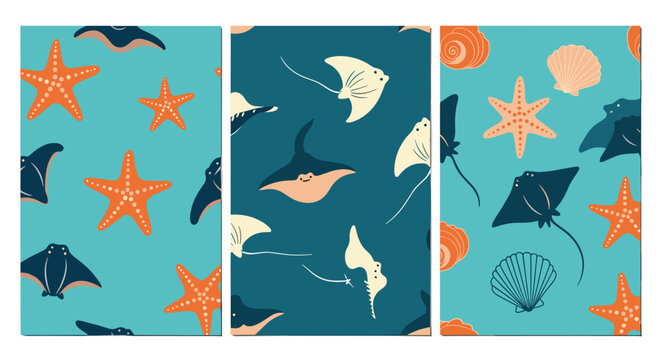 Series of vertical panels featuring patterns of stingrays, starfish, and seashells creates a charming nautical or ocean themed decorative set.