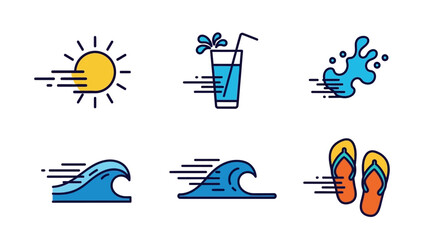 Summer Vacation Icons: A collection of vibrant icons representing a sunny day, a refreshing drink, a water splash, ocean waves, and flip-flops, perfect for summer and travel themes. © Maira