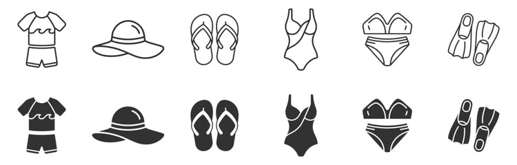 Set of black and white line and solid swimwear icons including swimsuit, bikini, flip flops, sun hat, flippers, and rash guard on transparent background © gerik_a