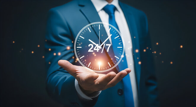 Businessman presenting 24 7 availability concept with glowing clock display