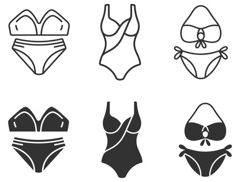 women swimwear icons in line and solid styles swimsuit and bikini collection vector illustration on transparent background