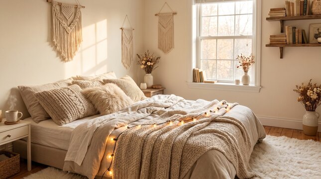 Cozy bedroom interior featuring a soft bed with knitted pillows and warm string lights captured in a bright photograph that showcases a relaxing home living space