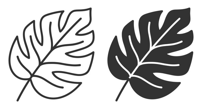 outline and silhouette vector illustrations of a tropical philodendron leaf icon on transparent background