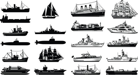 Marine ship silhouette set featuring cargo vessels submarines cruise liners sailboats and naval transportation vector icons © Limon