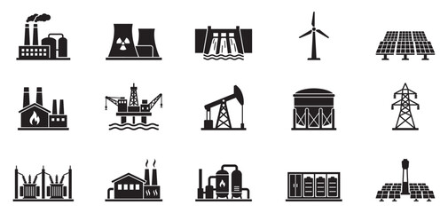 Energy and power generation icon set. Industrial factory, renewable solar and wind energy symbols. Oil and gas production elements. Vector illustration. EPS 10 © Jeremy_Show