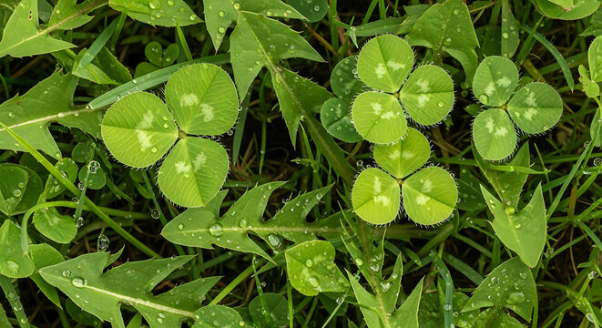 Ultra high definition macro photograph of vibrant green clovers and jagged wild leaves glistening with fresh raindrops in a lush meadow at dawn