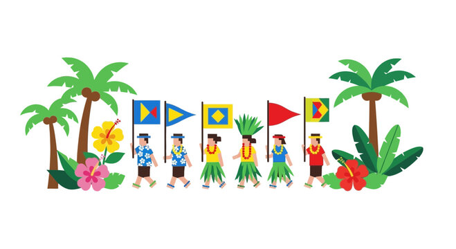 Tropical Parade: People in Hawaiian Attire with Flags and Palm Trees