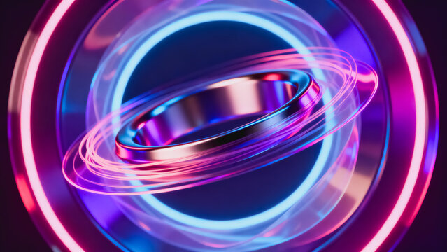 This 3D rendered abstract background features glowing neon circular rings, shiny metallic center piece with motion blur light trails in vibrant purple and blue tones.