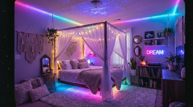 A cozy bedroom photograph featuring a canopy bed illuminated by vibrant neon lights and soft fairy string lights creating a magical and relaxing sanctuary for sleep