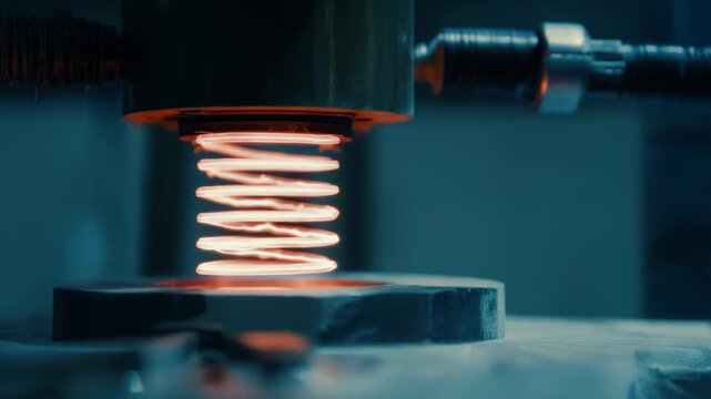 Industrial induction furnace heating a metal workpiece with a glowing coil, providing precise thermal energy for hardening, tempering, or brazing processes in manufacturing