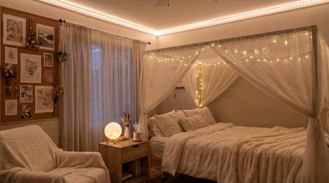 Cozy bedroom interior featuring a canopy bed with warm fairy lights and a glowing moon lamp on a wooden nightstand in this aesthetic home photograph