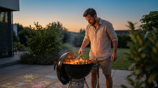 Solitary father grilling thick vegetable skewers on a charcoal kettle in a modest backyard at twilight blue hour, warm fire glow against dee