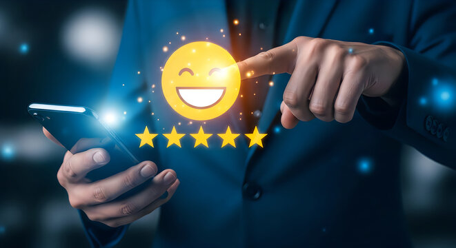 Customer satisfaction rating concept with a smiling face and five stars