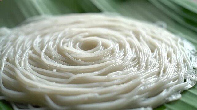 Close up of Idiyappam rice noodles served on a banana leaf.