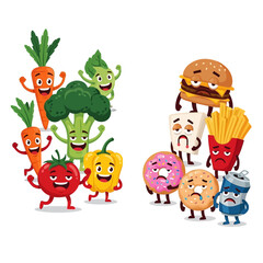 Fototapeta premium Healthy vs Unhealthy Food Cartoon Characters on White Background