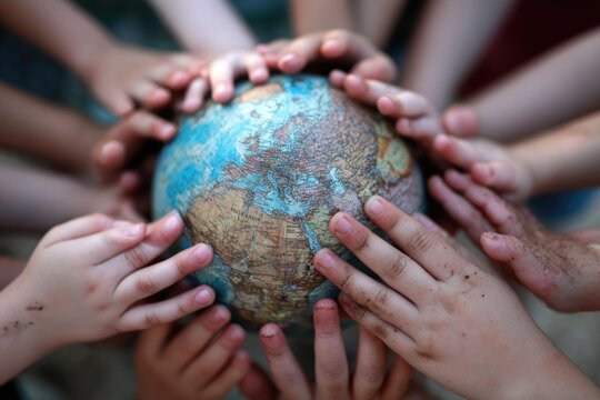 Children's hands surround a globe